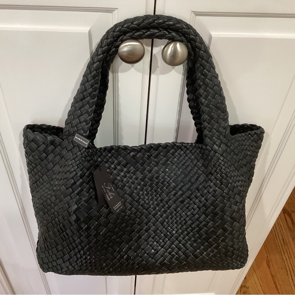 FALOR FIRENZE ITALIAN LEATHER WOVEN BLACK TOTE. NWT